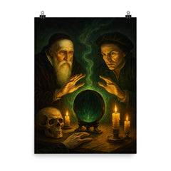 John Dee and Edward Kelley spirit mirror séance poster on a plain backdrop in size 8"x10".