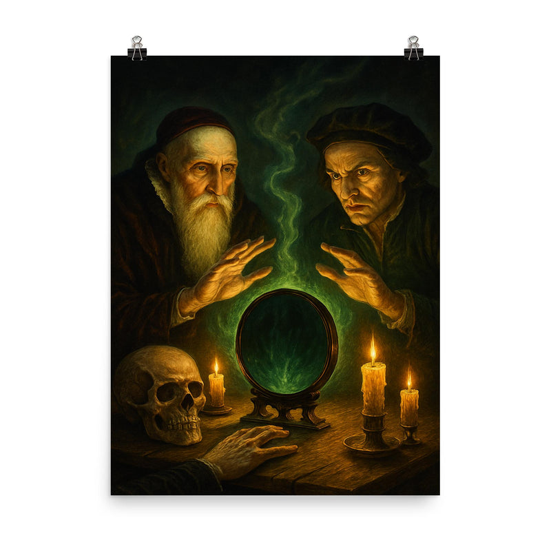 John Dee and Edward Kelley spirit mirror séance poster on a plain backdrop in size 8