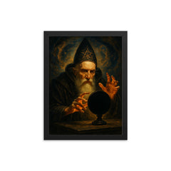 John Dee and obsidian scrying mirror framed print on a plain backdrop in size 12"x16".