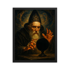 John Dee and obsidian scrying mirror framed print on a plain backdrop in size 16"x20".