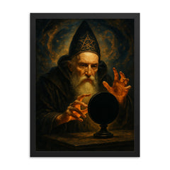 John Dee and obsidian scrying mirror framed print on a plain backdrop in size 18"x24".