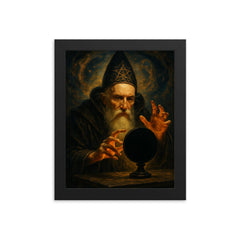 John Dee and obsidian scrying mirror framed print on a plain backdrop in size 8"x10".