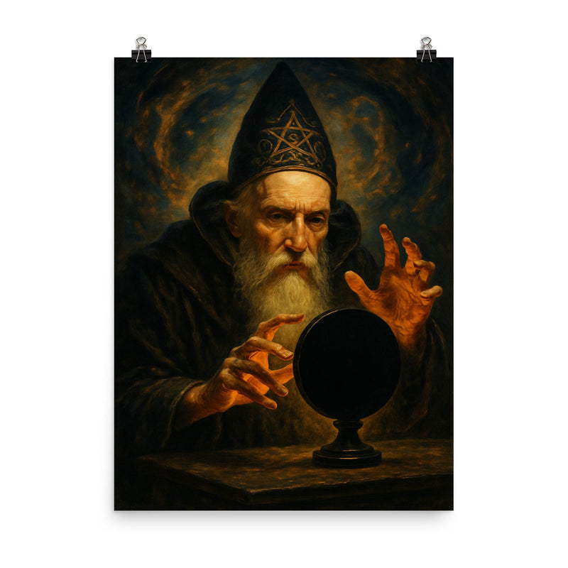 John Dee and obsidian scrying mirror poster on a plain backdrop in size 8