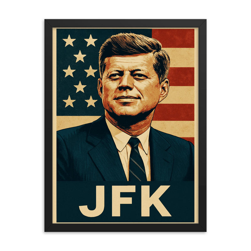 John F Kennedy framed print on a plain backdrop in size 18
