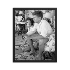 John F Kennedy with Jackie Bouvier framed print on a plain backdrop in size 16"x20".