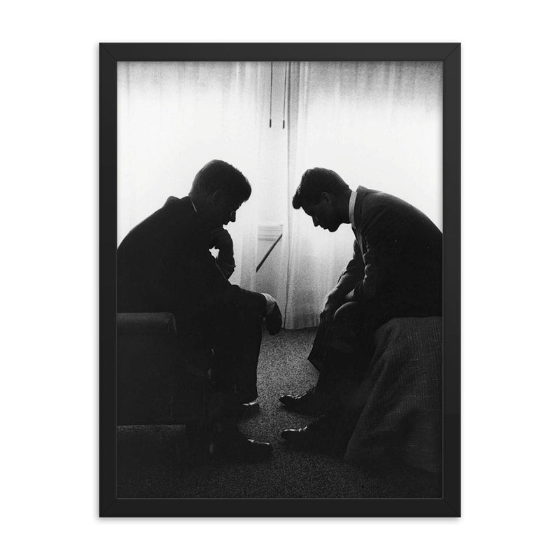 John F. Kennedy and Robert Kennedy During Campaigning, 1960 framed print on a plain backdrop in size 18