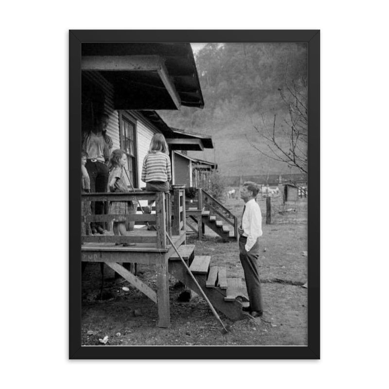 John F. Kennedy Campaigning Door-to-Door in West Virginia, 1960 framed print on a plain backdrop in size 18