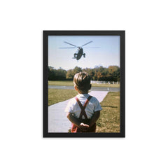 John F. Kennedy Jr. Waiting for His Father, President John F. Kennedy, at Camp David, Maryland, October 1963 framed print on a plain backdrop in size 12"x16".