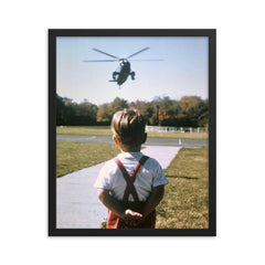 John F. Kennedy Jr. Waiting for His Father, President John F. Kennedy, at Camp David, Maryland, October 1963 framed print on a plain backdrop in size 16"x20".