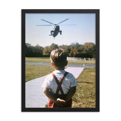 John F. Kennedy Jr. Waiting for His Father, President John F. Kennedy, at Camp David, Maryland, October 1963 framed print on a plain backdrop in size 18"x24".