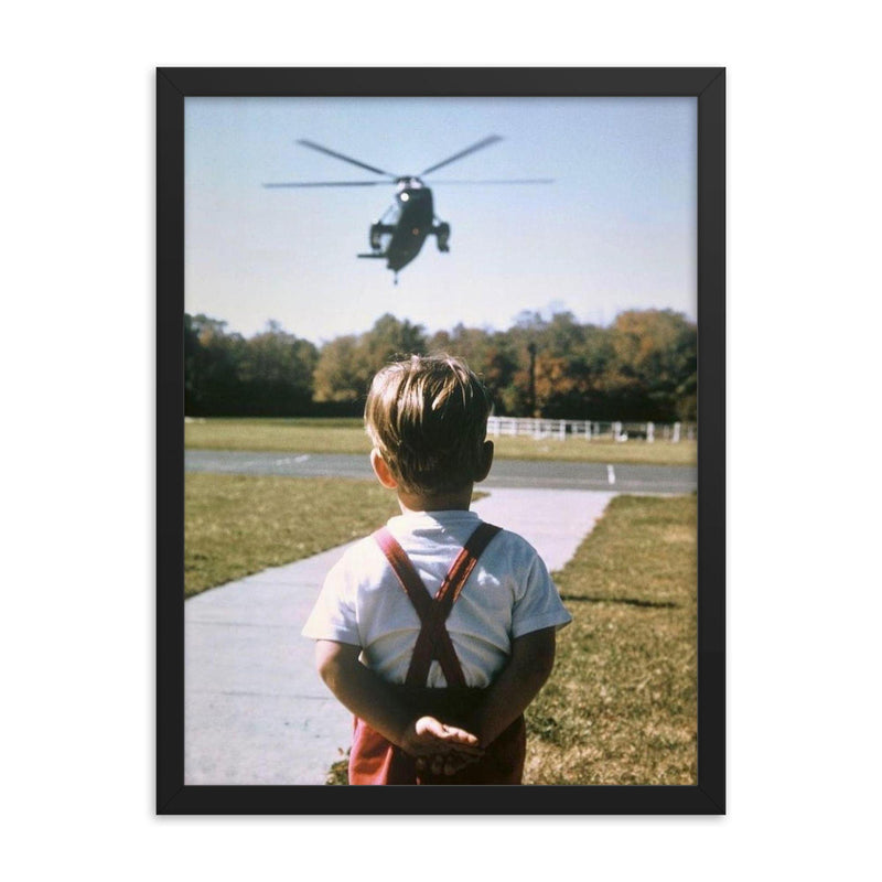 John F. Kennedy Jr. Waiting for His Father, President John F. Kennedy, at Camp David, Maryland, October 1963 framed print on a plain backdrop in size 18