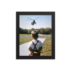 John F. Kennedy Jr. Waiting for His Father, President John F. Kennedy, at Camp David, Maryland, October 1963 framed print on a plain backdrop in size 8"x10".