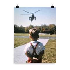 John F. Kennedy Jr. Waiting for His Father, President John F. Kennedy, at Camp David, Maryland, October 1963 poster on a plain backdrop in size 8"x10".