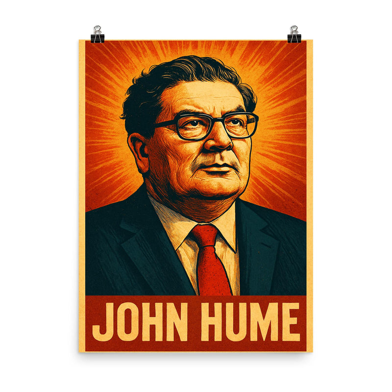 John Hume poster on a plain backdrop in size 8