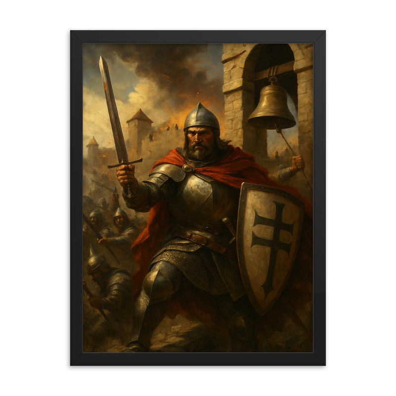 John Hunyadi at the noon bell defense framed print on a plain backdrop in size 18