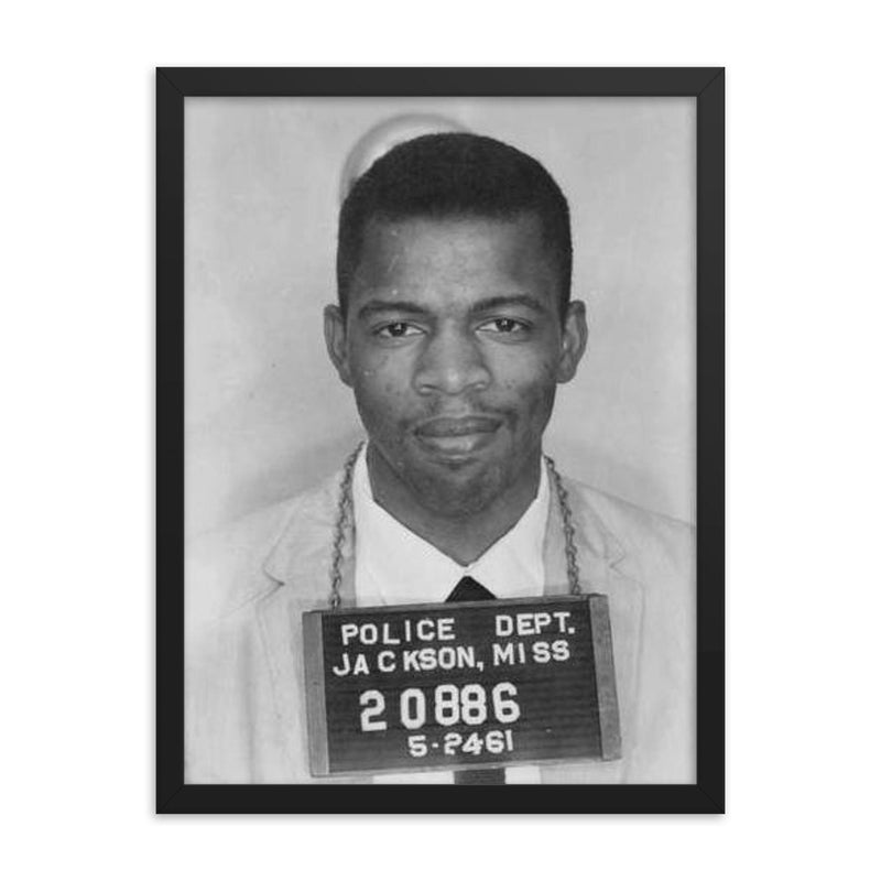John Lewis Mugshot After Arrest in Segregated Mississippi, 1961 framed print on a plain backdrop in size 18