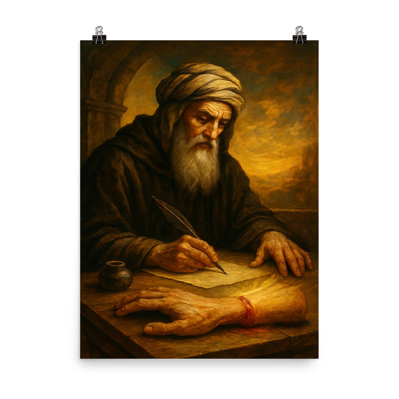 John of Damascus writing beside severed hand miracle poster on a plain backdrop in size 8