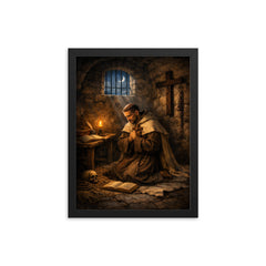 John of the Cross dark night cell framed print on a plain backdrop in size 12"x16".