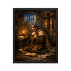 John of the Cross dark night cell framed print on a plain backdrop in size 16"x20".