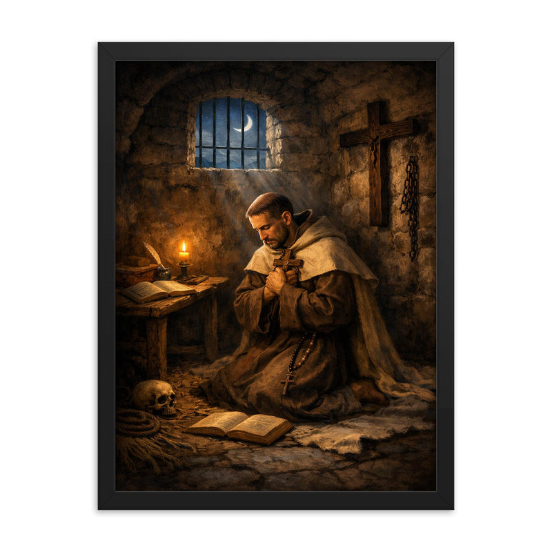 John of the Cross dark night cell framed print on a plain backdrop in size 18