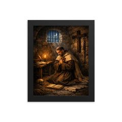 John of the Cross dark night cell framed print on a plain backdrop in size 8"x10".