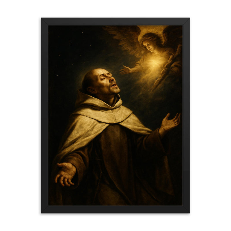 John of the Cross dark night ecstasy framed print on a plain backdrop in size 18