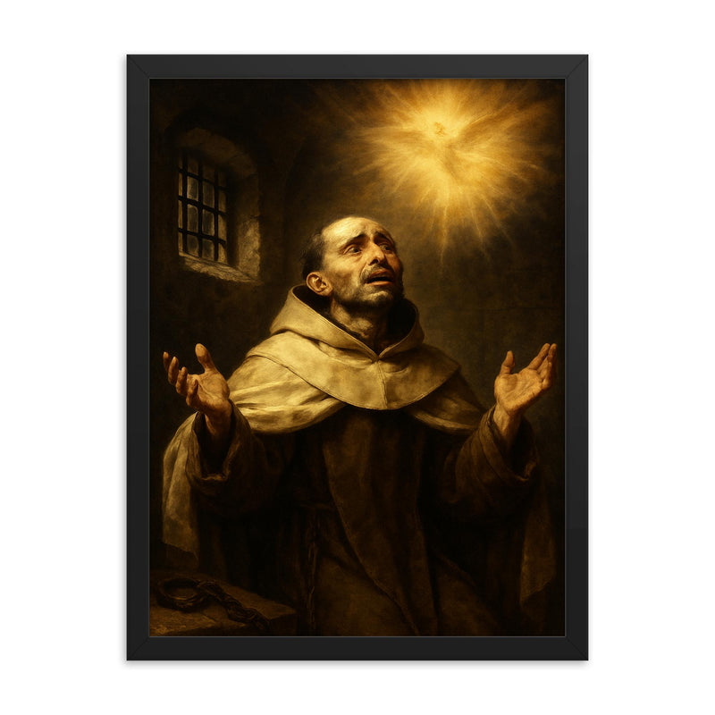 John of the Cross in prison ecstasy framed print on a plain backdrop in size 18