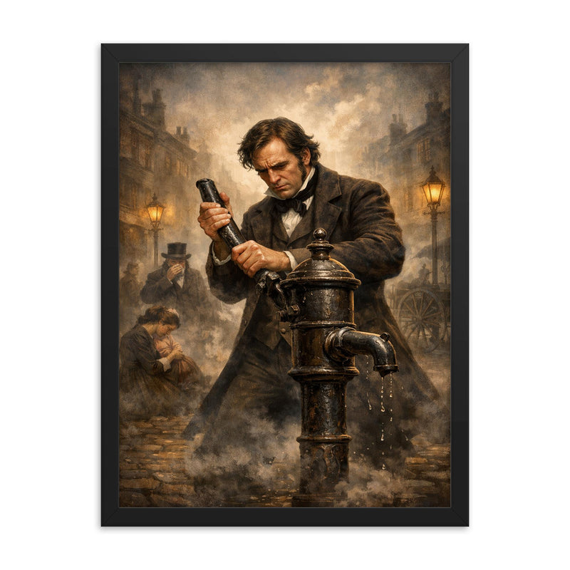 John Snow removing the Broad Street pump handle framed print on a plain backdrop in size 18