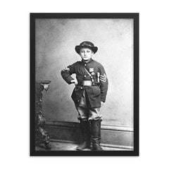 Johnny Clem, Union Army Drummer Boy, 1863 framed print on a plain backdrop in size 18"x24".