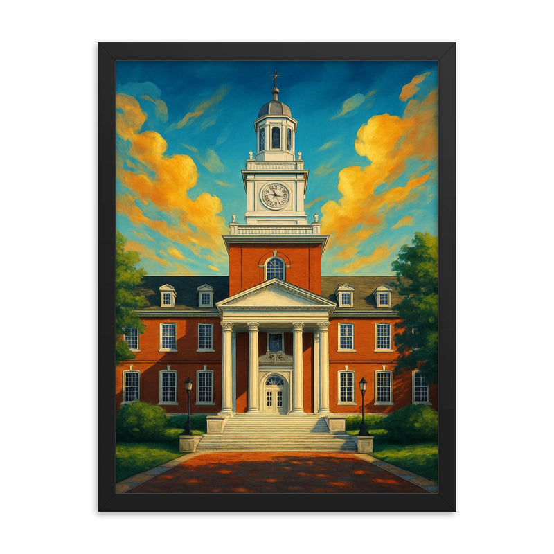 Johns Hopkins framed print on a plain backdrop in size 18