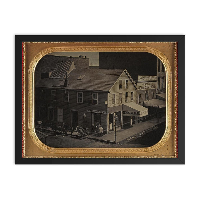 Johnson's Daguerreian Rooms and Stores in San Francisco, California, c. 1854-1855 by George H. Johnson framed print on a plain backdrop in size 18