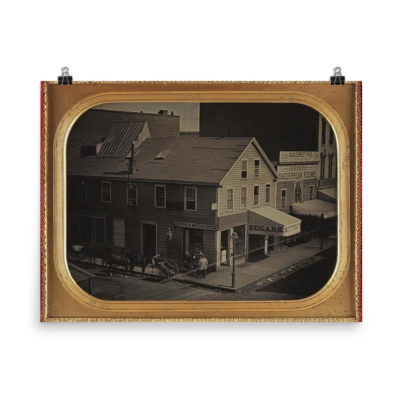 Johnson's Daguerreian Rooms and Stores in San Francisco, California, c. 1854-1855 by George H. Johnson poster on a plain backdrop in size 8