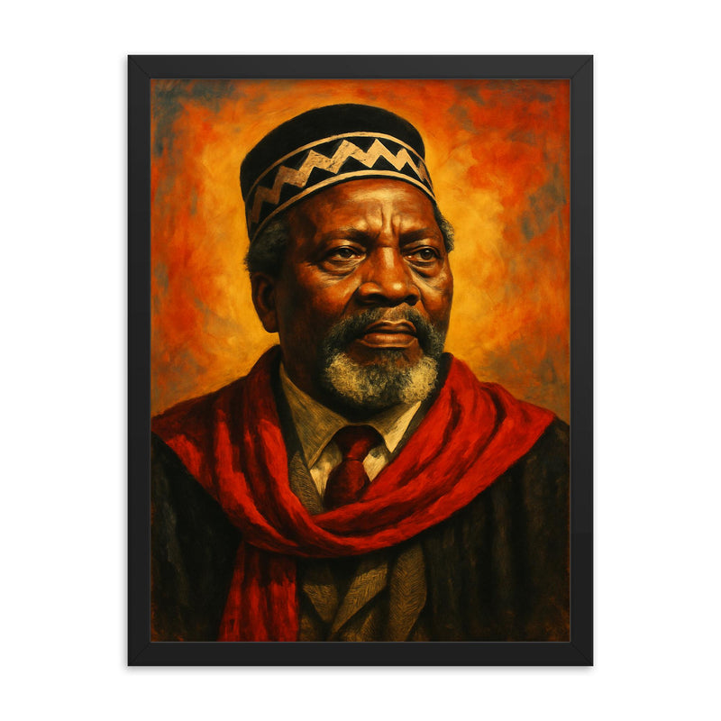 Jomo Kenyatta framed print on a plain backdrop in size 18