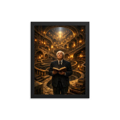 Jorge Luis Borges in labyrinth library framed print on a plain backdrop in size 12"x16".