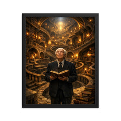 Jorge Luis Borges in labyrinth library framed print on a plain backdrop in size 16"x20".