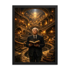 Jorge Luis Borges in labyrinth library framed print on a plain backdrop in size 18"x24".
