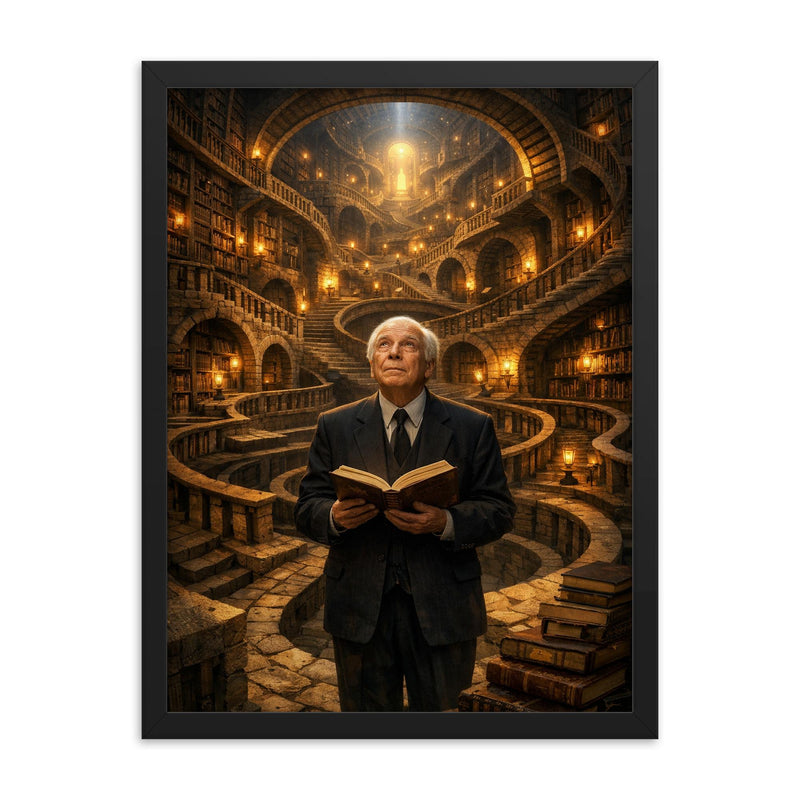 Jorge Luis Borges in labyrinth library framed print on a plain backdrop in size 18