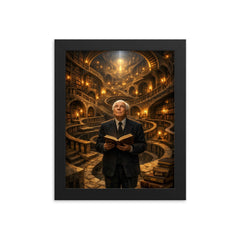 Jorge Luis Borges in labyrinth library framed print on a plain backdrop in size 8"x10".