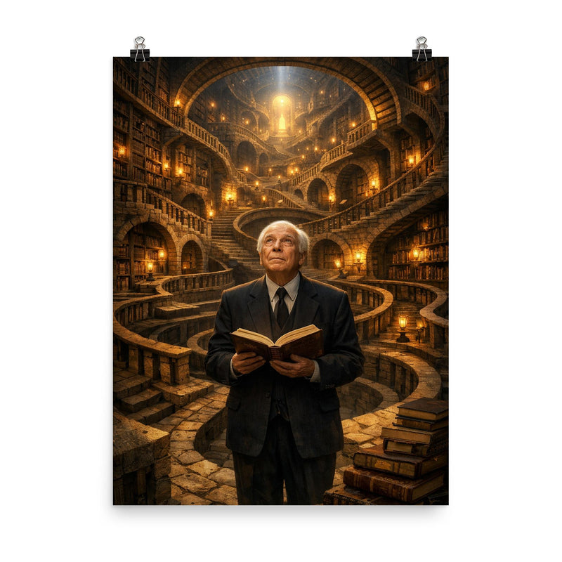 Jorge Luis Borges in labyrinth library poster on a plain backdrop in size 8