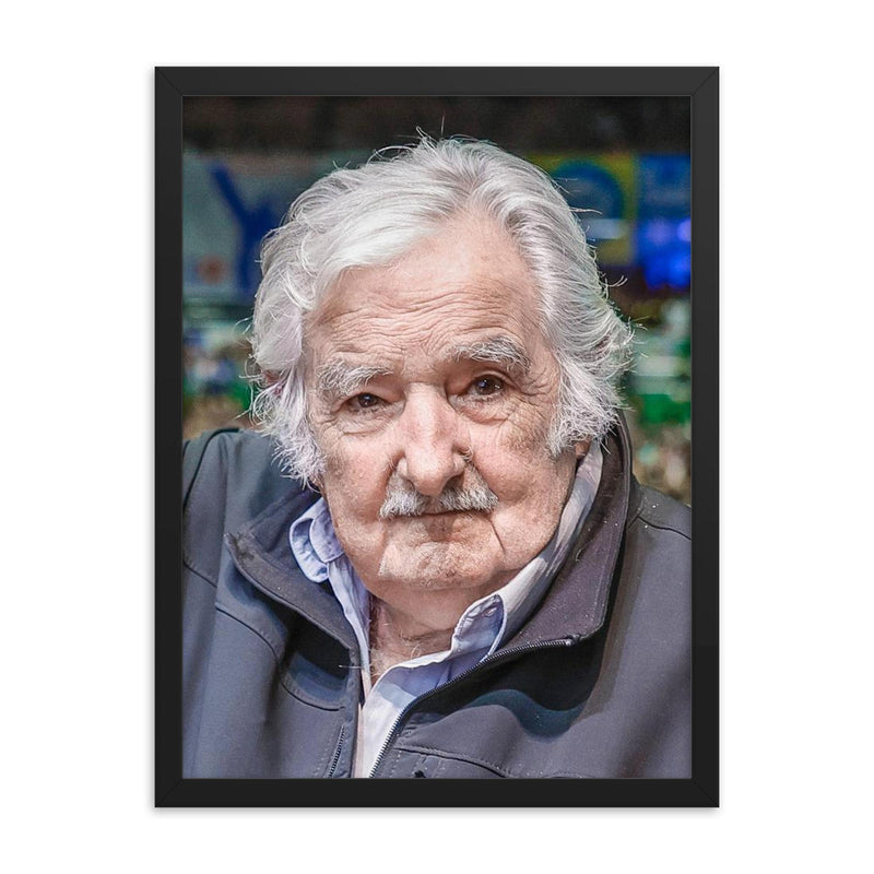 Jose Mujica framed print on a plain backdrop in size 18