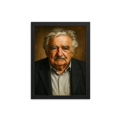 Jose Mujica portrait framed print on a plain backdrop in size 12"x16".