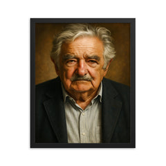 Jose Mujica portrait framed print on a plain backdrop in size 16"x20".