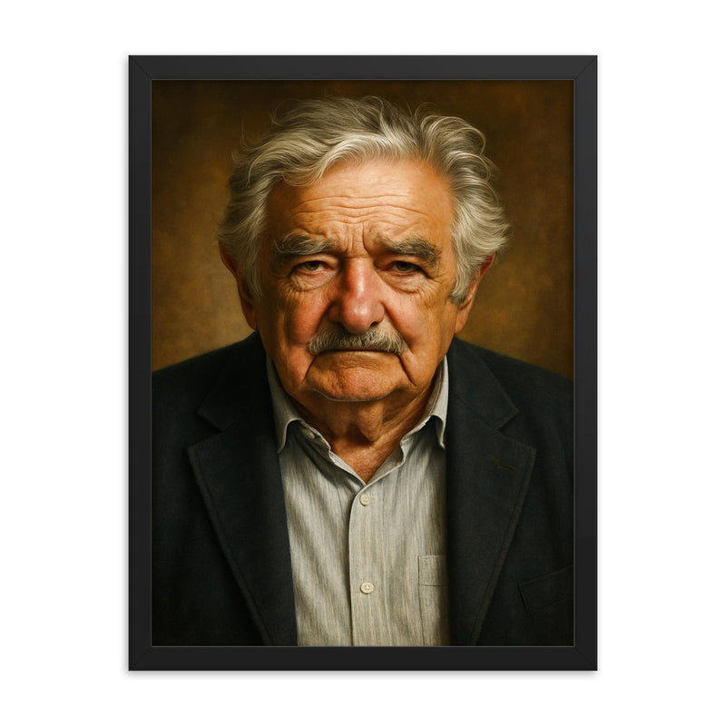 Jose Mujica portrait framed print on a plain backdrop in size 18