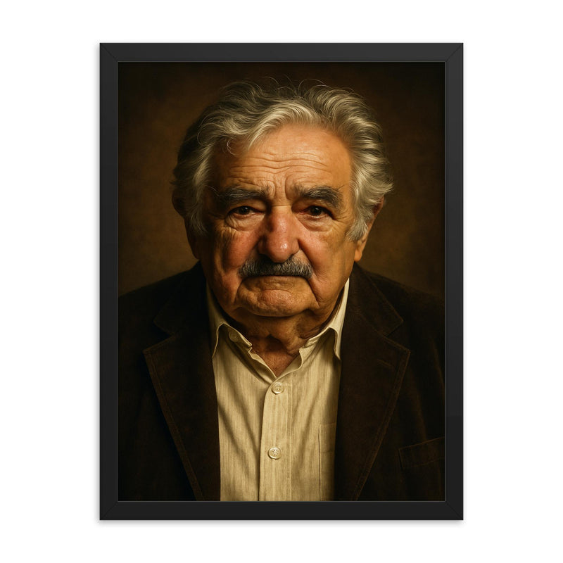 Jose Mujica portrait framed print on a plain backdrop in size 18