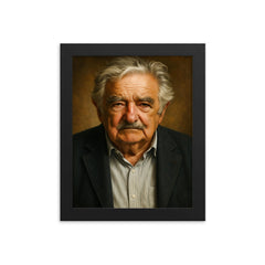 Jose Mujica portrait framed print on a plain backdrop in size 8"x10".