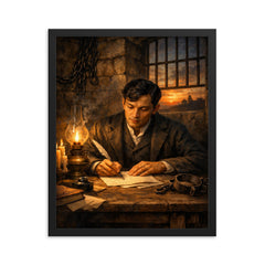 Jose Rizal in prison writing farewell framed print on a plain backdrop in size 16"x20".