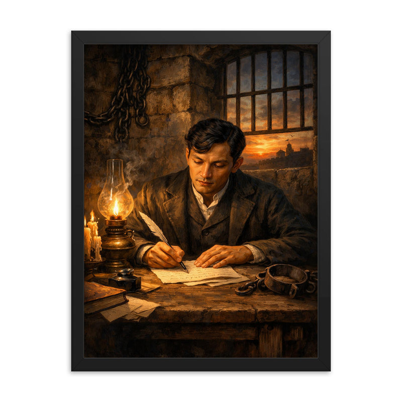 Jose Rizal in prison writing farewell framed print on a plain backdrop in size 18