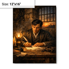Jose Rizal in prison writing farewell metal print on a plain backdrop in size 12"x16".