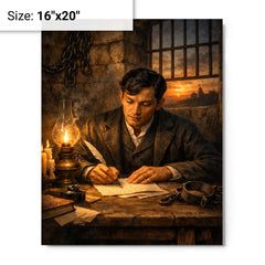 Jose Rizal in prison writing farewell metal print on a plain backdrop in size 16"x20".