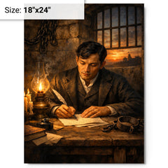 Jose Rizal in prison writing farewell metal print on a plain backdrop in size 18"x24".